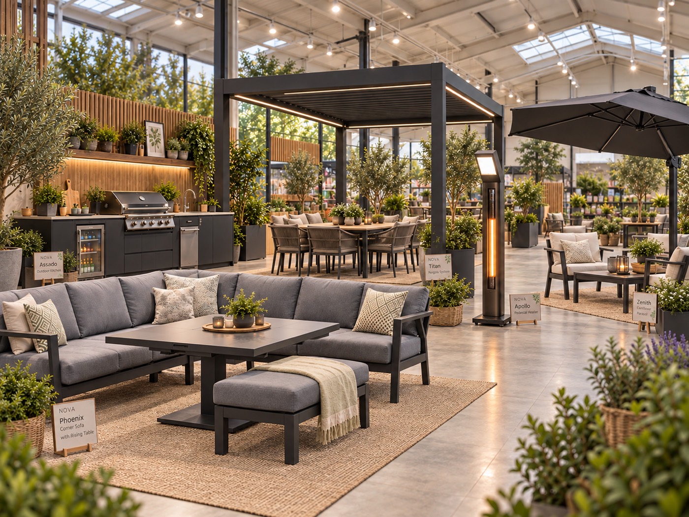 Nova outdoor living products displayed in a garden centre showroom