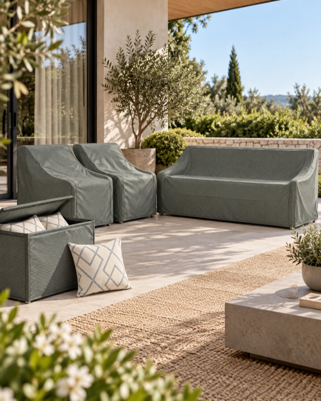 Nova Protex furniture covers and cushion storage in a garden