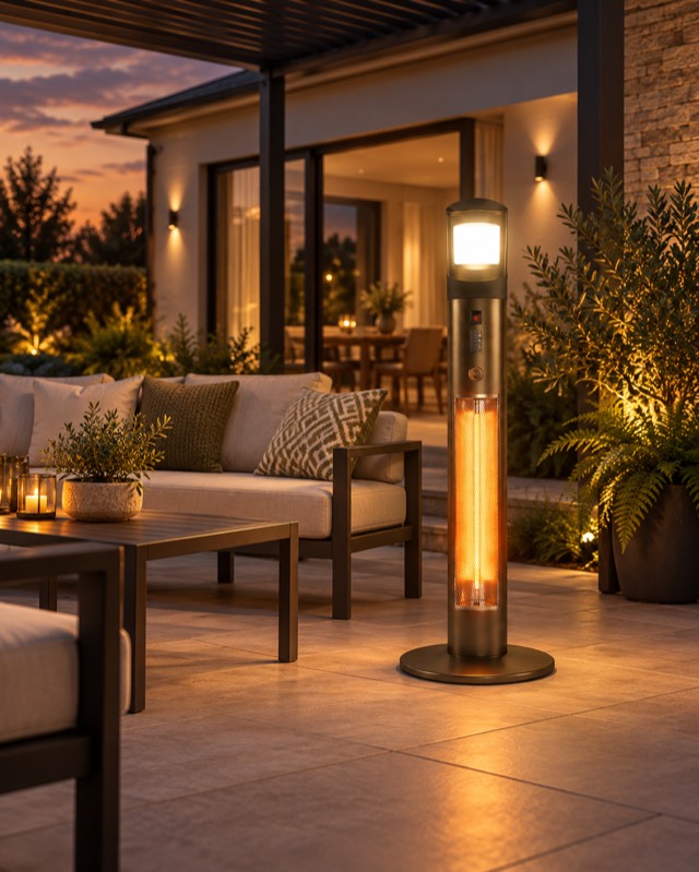 Nova Apollo pedestal heater on a patio in the evening