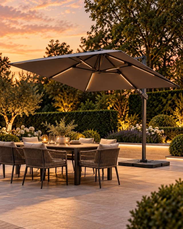 Nova Zenith cantilever parasol over an outdoor dining set