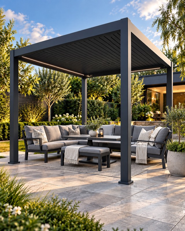 Nova Titan pergola in a landscaped garden