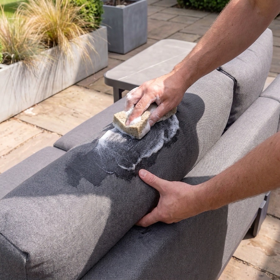 Cleaning a grey outdoor fabric cushion with a soapy sponge