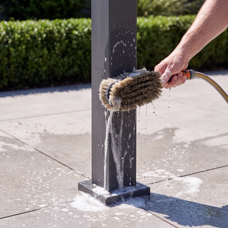 Washing the powder-coated post of a Nova Luna pergola with a soft brush and soapy water