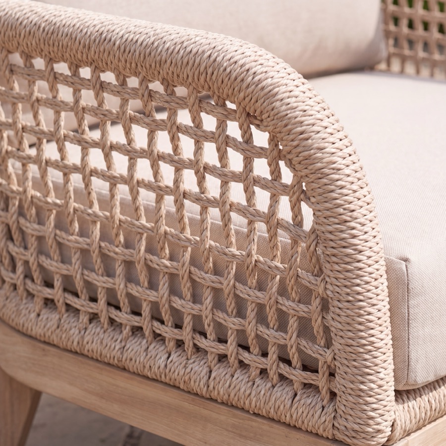 Close-up of the woven rope back and timber frame of a Nova rope armchair