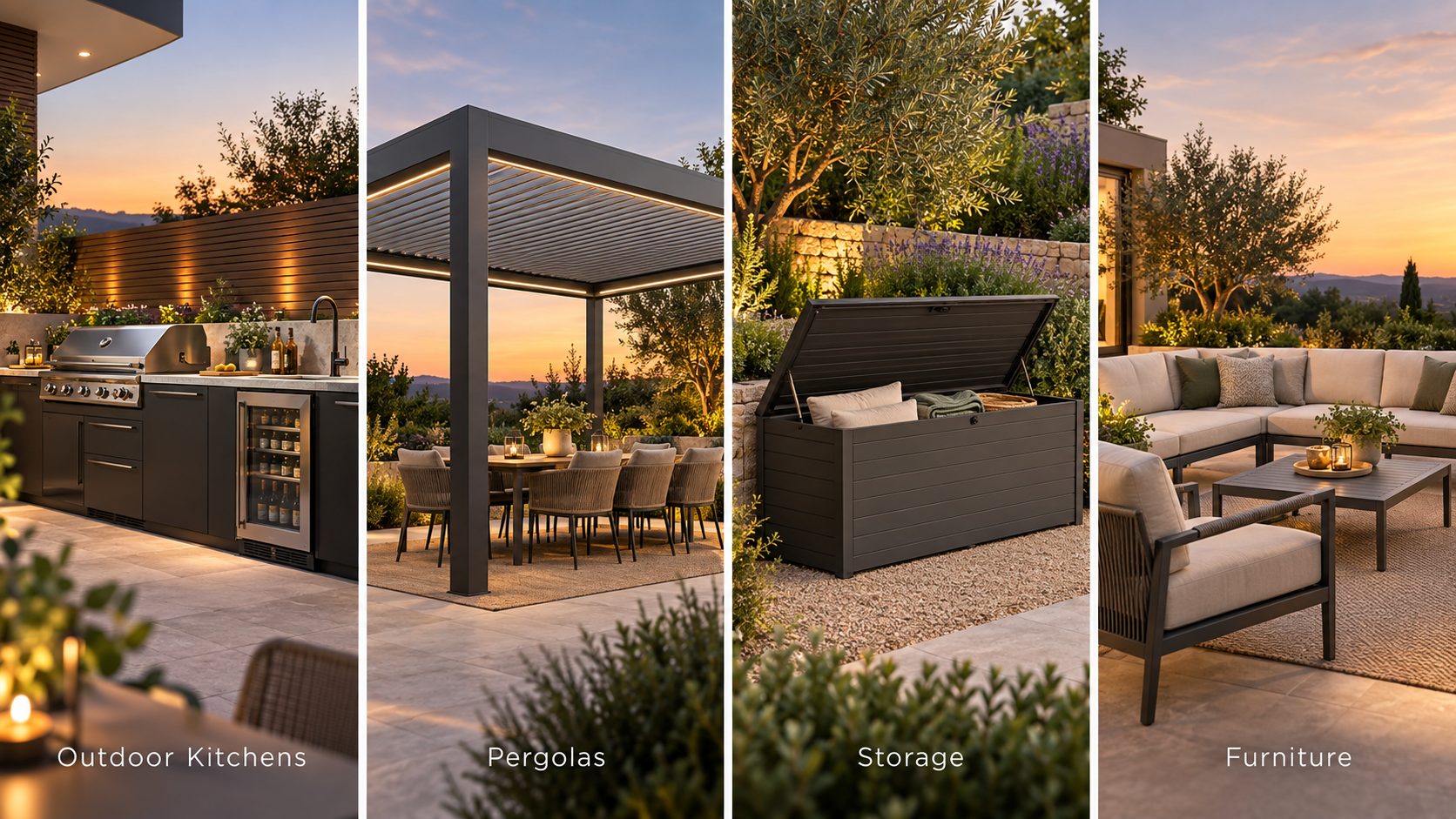 Four Nova outdoor living categories at dusk: an outdoor kitchen, a louvre pergola over a dining set, a garden storage box and a rope lounge set